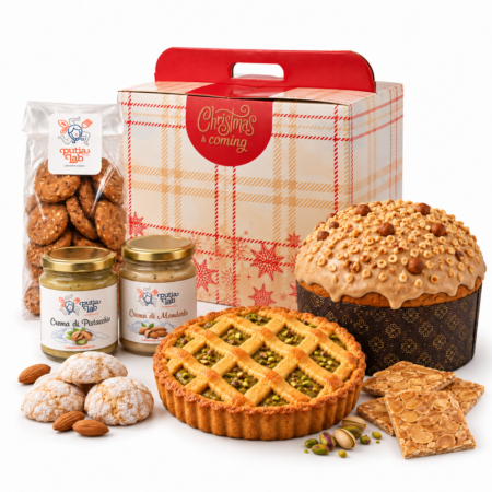 Box di Natale Putìa Lab con panettone, creme dolci, biscotti, paste di mandorla, crostata e croccante